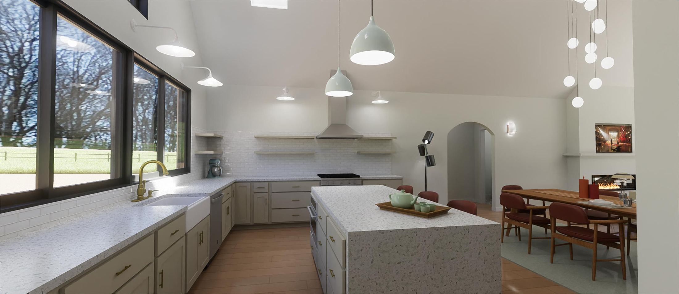 3D rendering of a vaulted kitchen with an island, farmhouse sink and open shelving