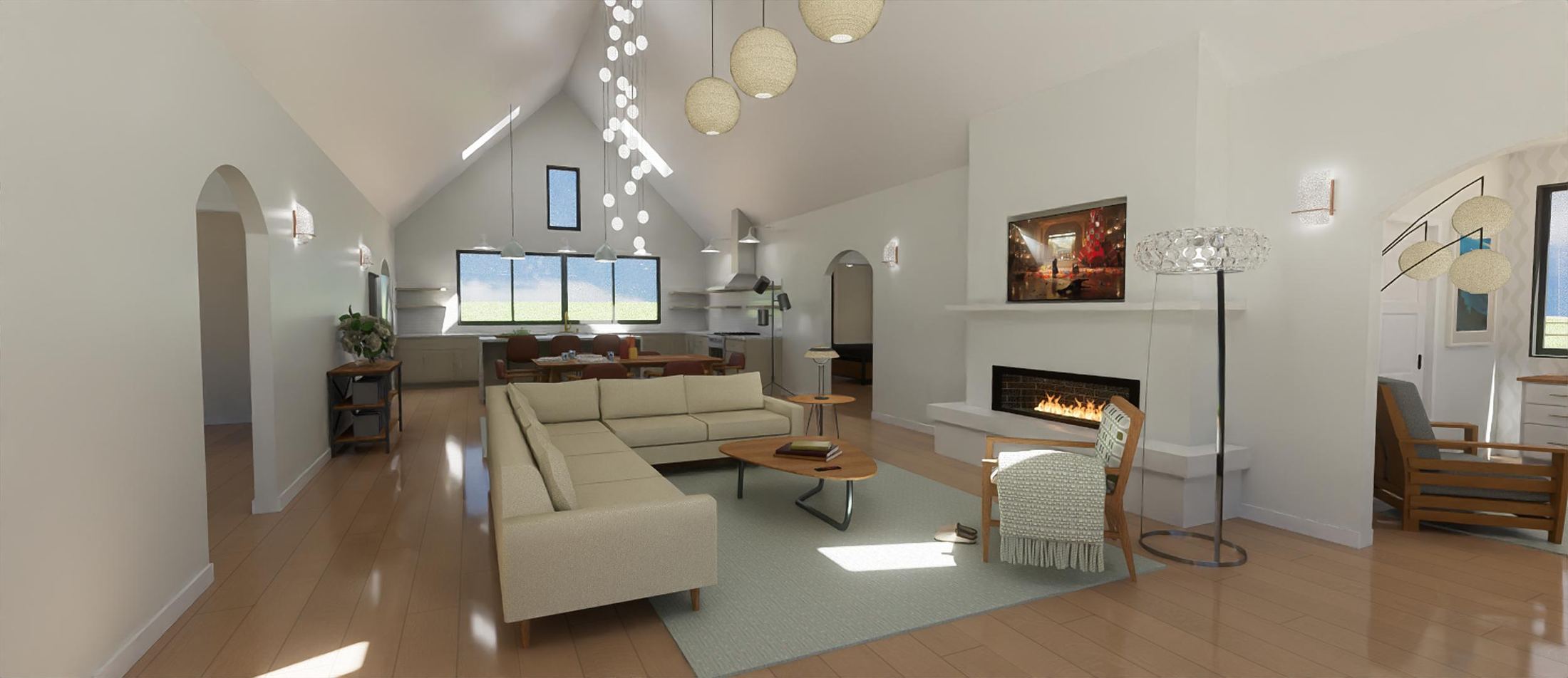 3D rendering of an open great room with a linear fireplace and vaulted ceiling